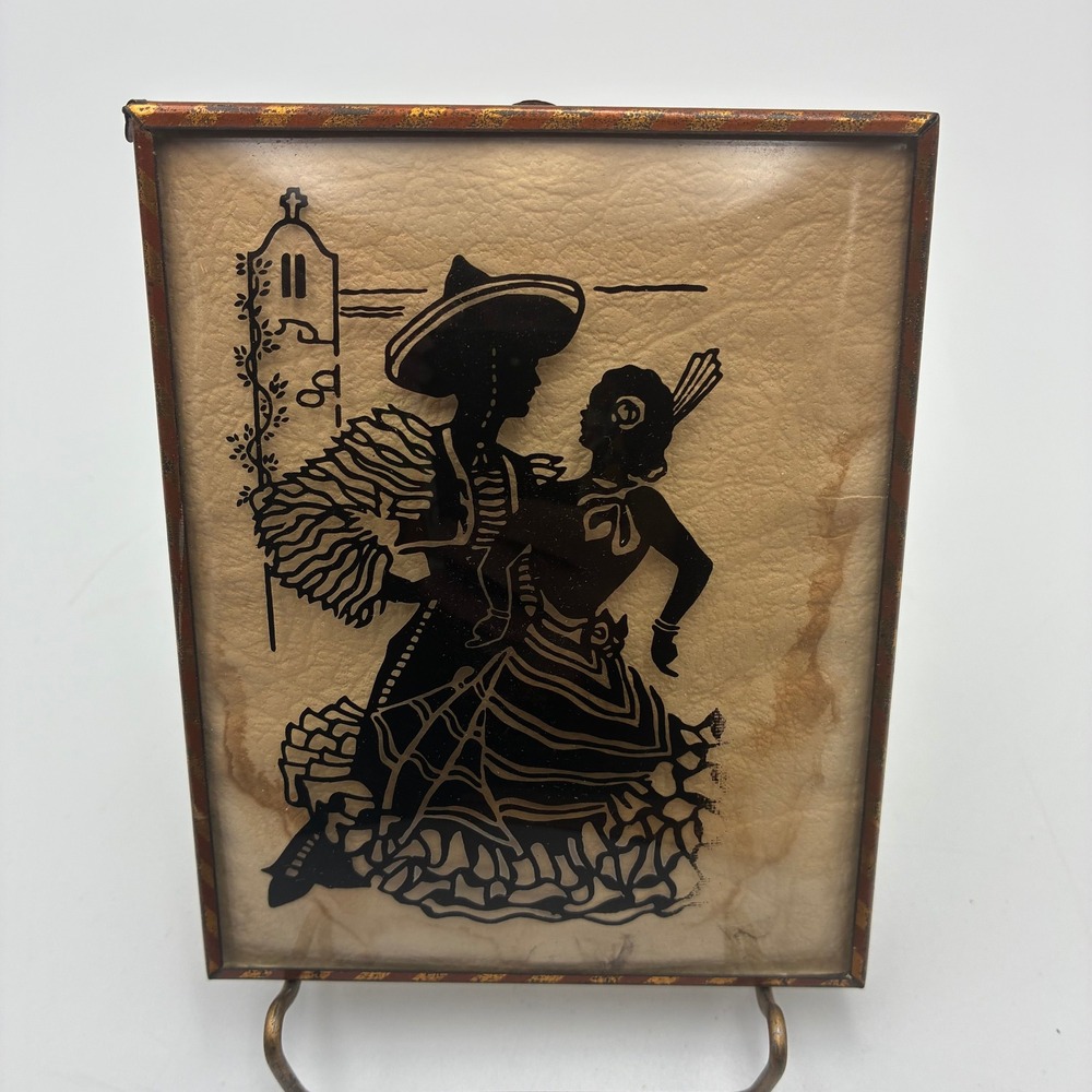 Vintage Mexican Reverse Glass Silhouette Bubble Glass Folk Art Dancing Couple